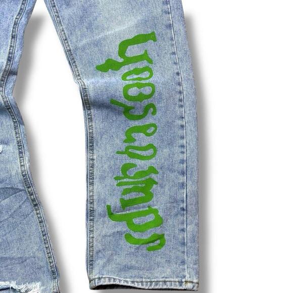 Painted Distressed Light Wash Denim Jeans Unique Art Graphic Ripped High Waist - Picture 2 of 7